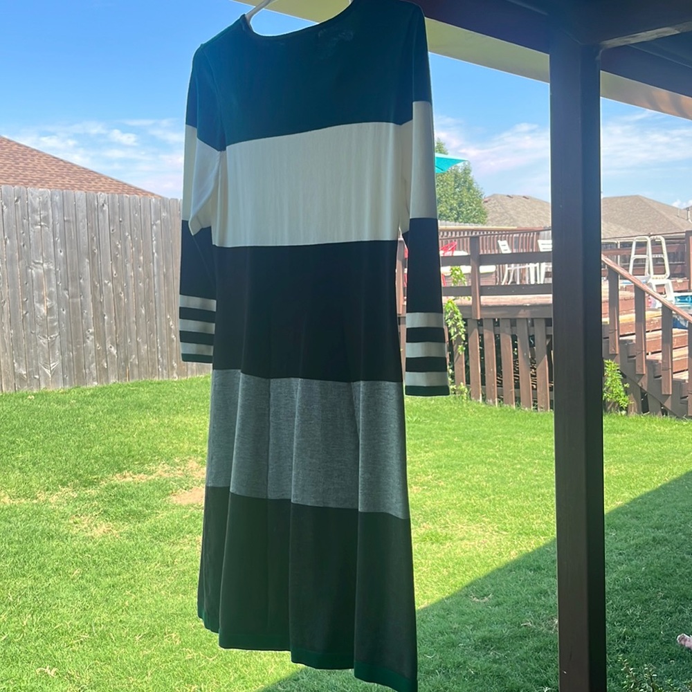Color block, winter dress size medium, hunter, green cream, black gray charcoal.